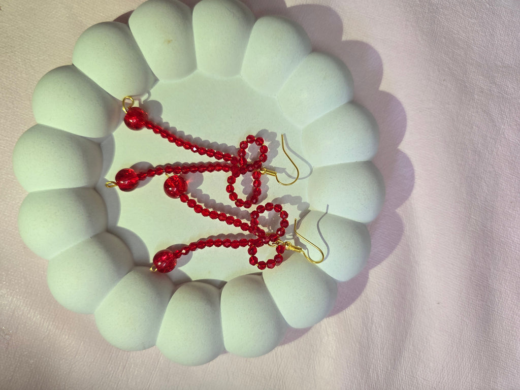Crimson Coquette Beaded Bow Drop Earrings