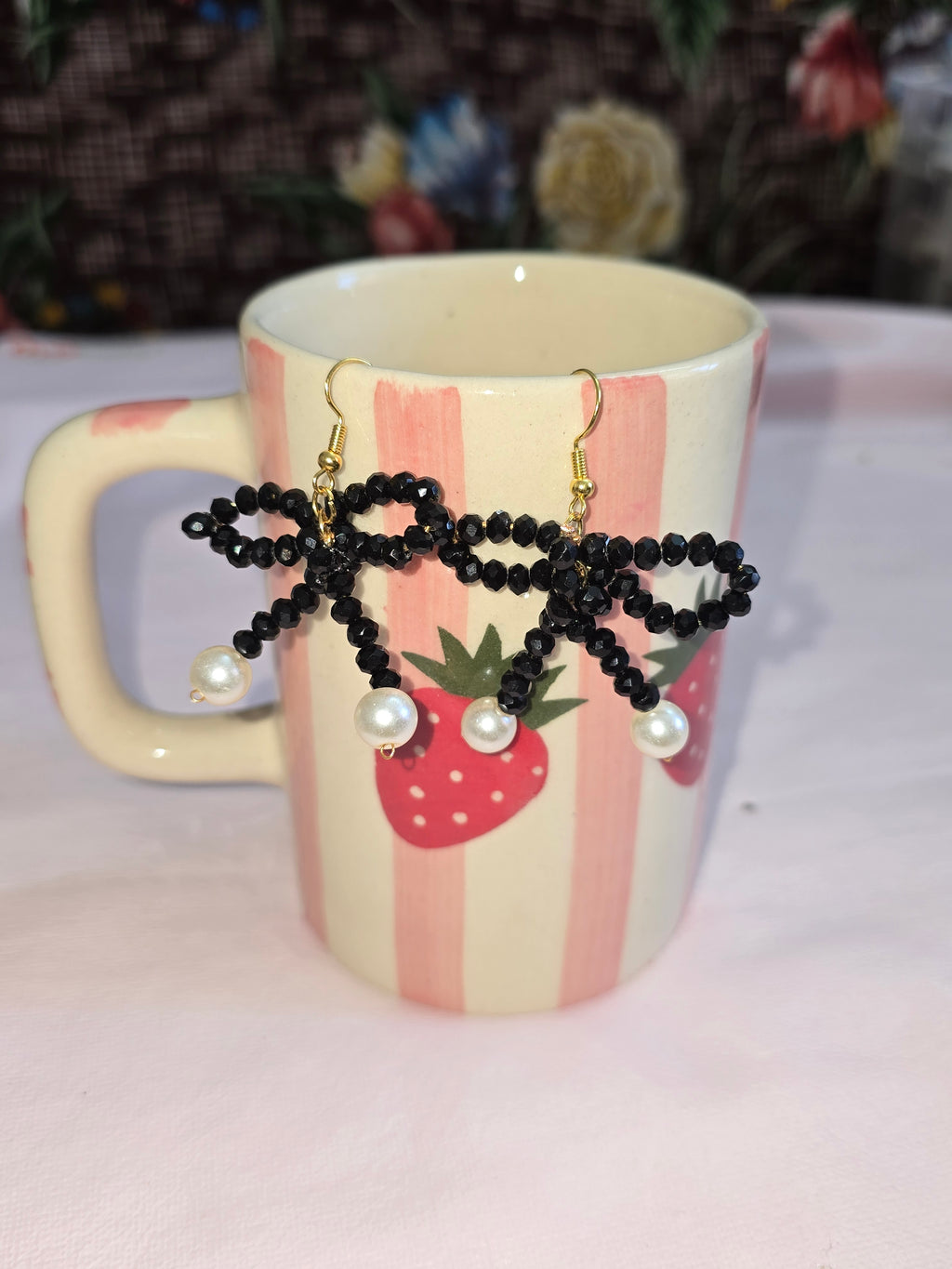 Black Beaded Bow Earrings with Faux Pearl Drops