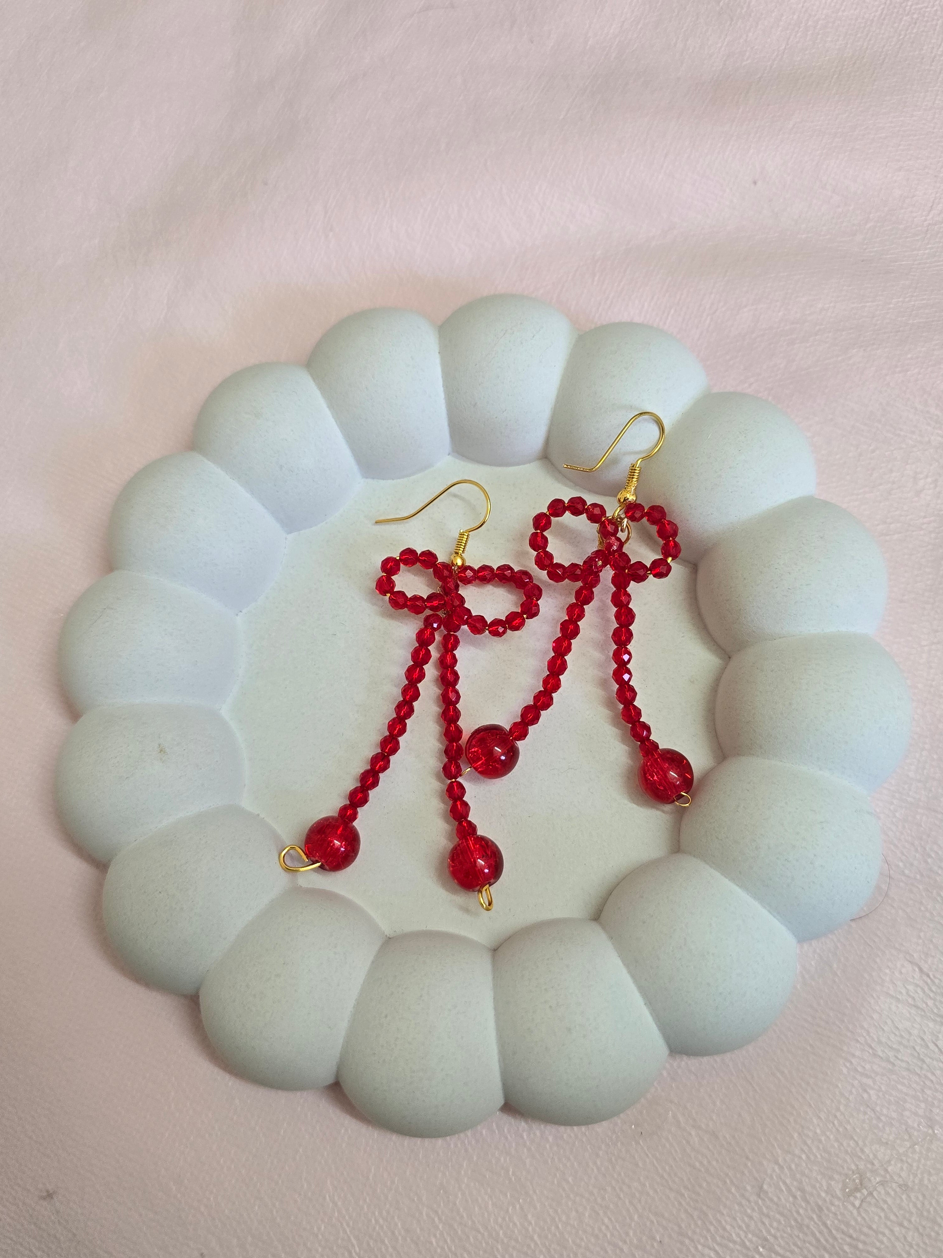Crimson Coquette Beaded Bow Drop Earrings