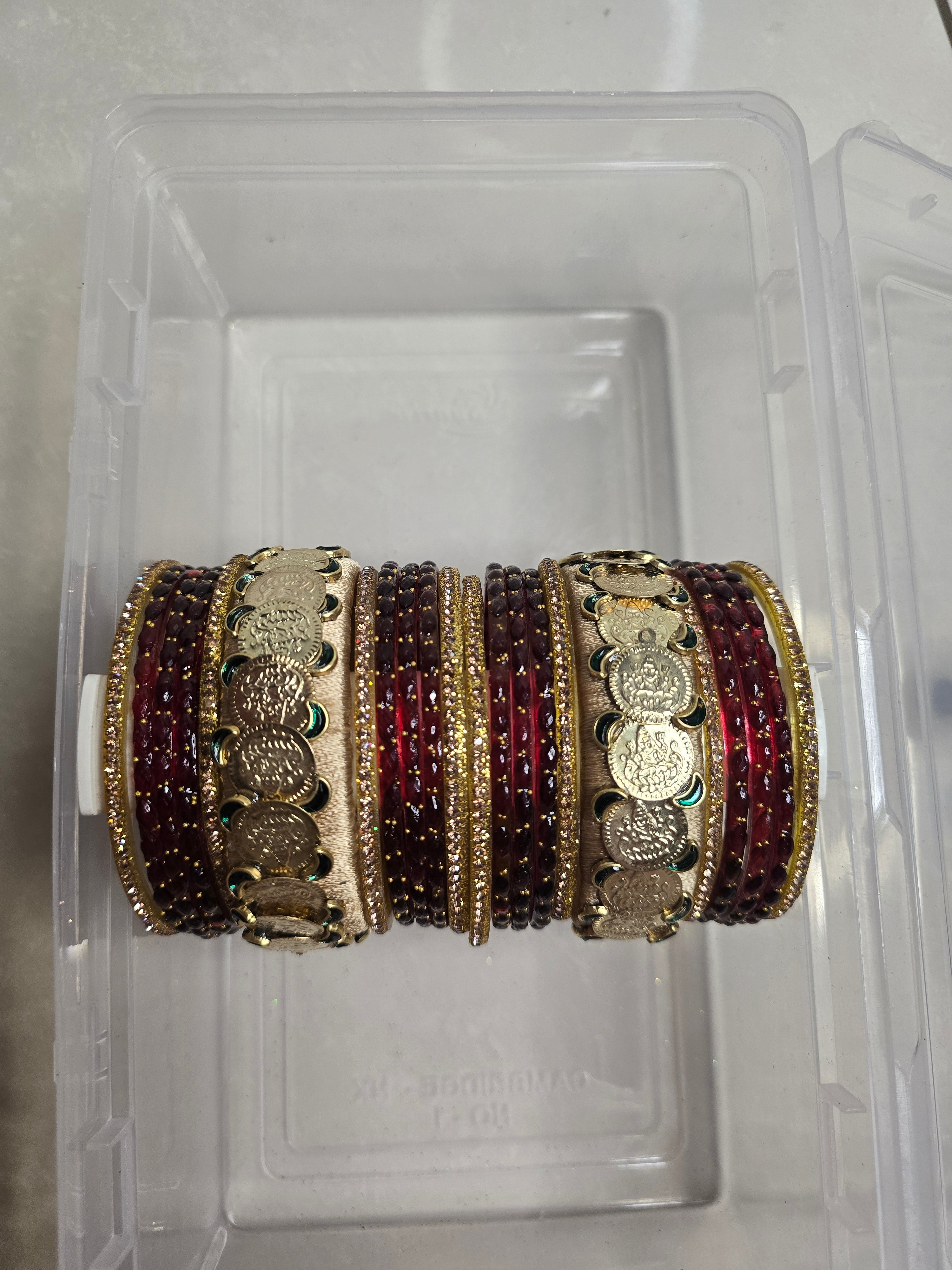 Regal Heritage Maroon & Gold Coin Silk Thread Bangle Set