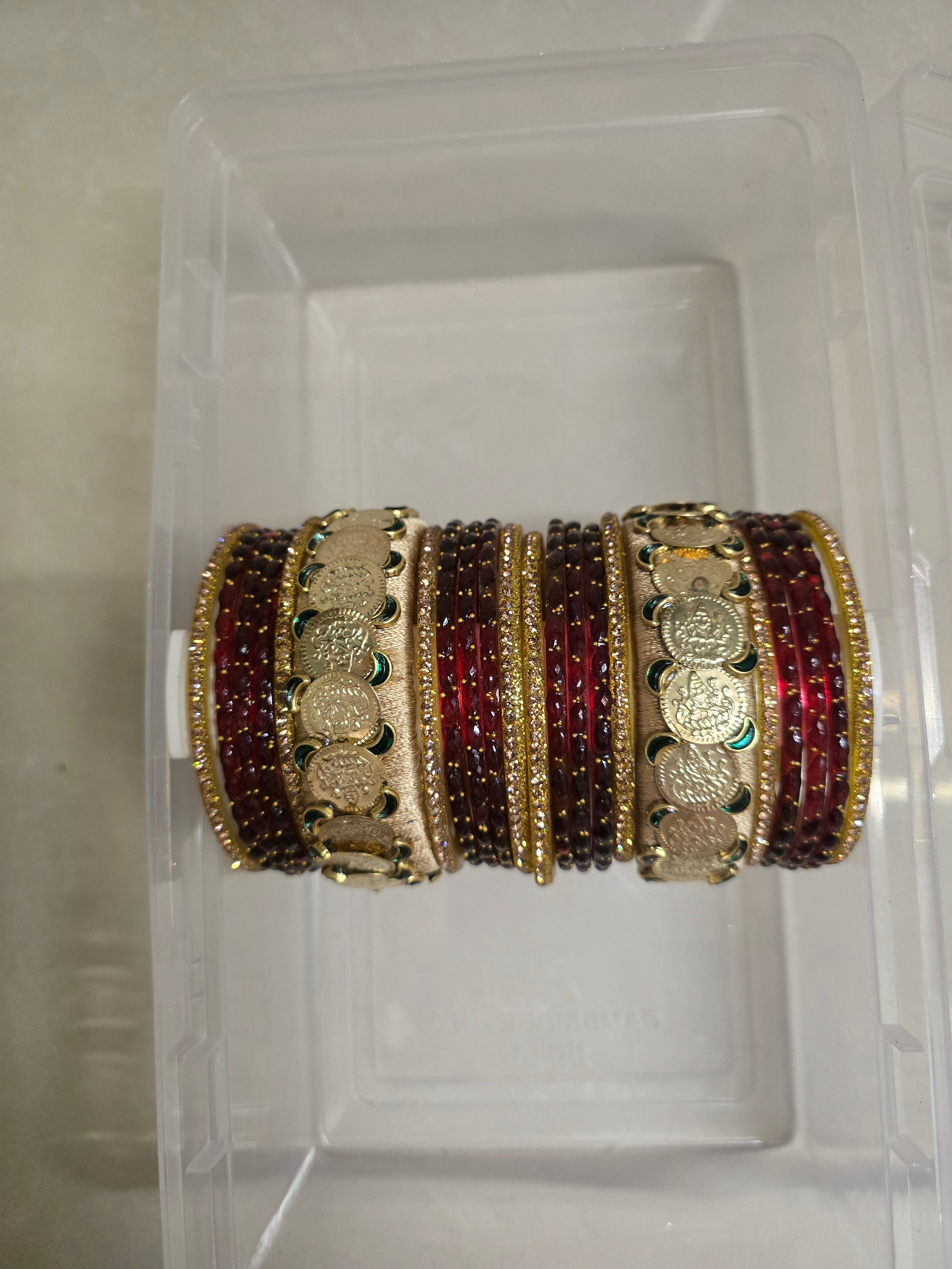 Regal Heritage Maroon & Gold Coin Silk Thread Bangle Set