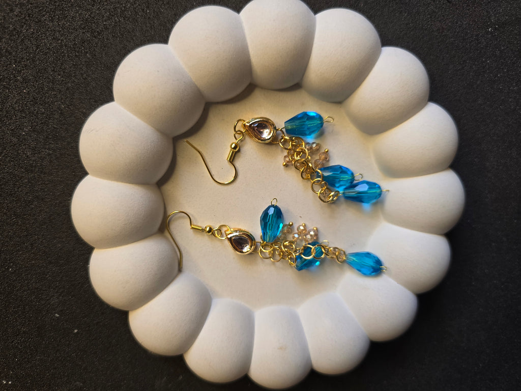 Gold Chain & Ocean Blue Teardrop Dangle Earrings