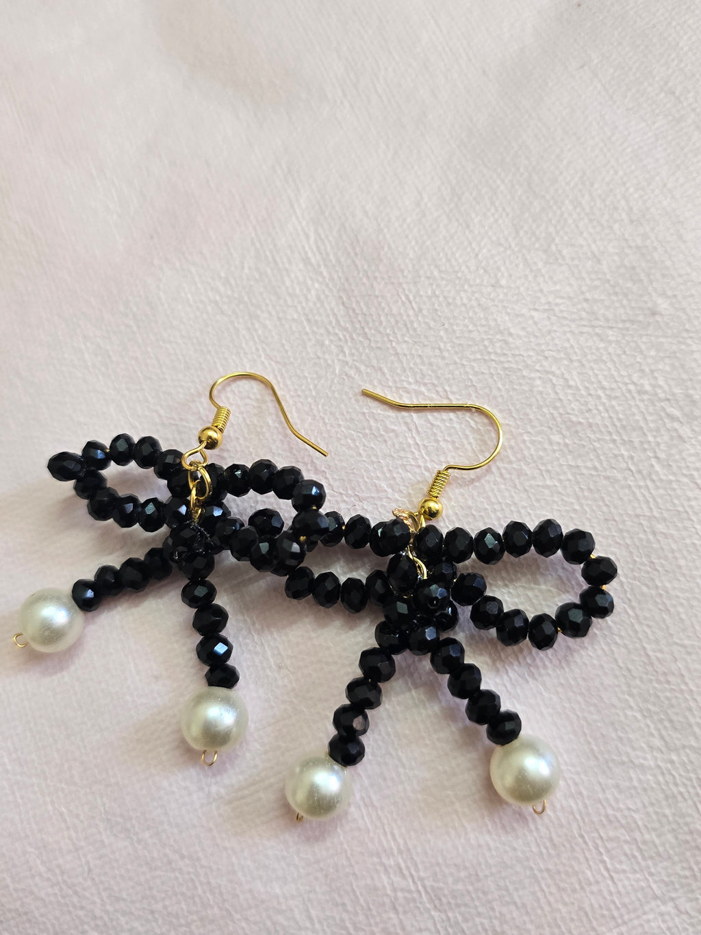 Black Beaded Bow Earrings with Faux Pearl Drops