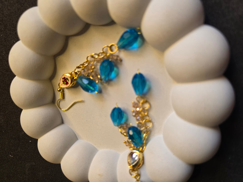 Gold Chain & Ocean Blue Teardrop Dangle Earrings