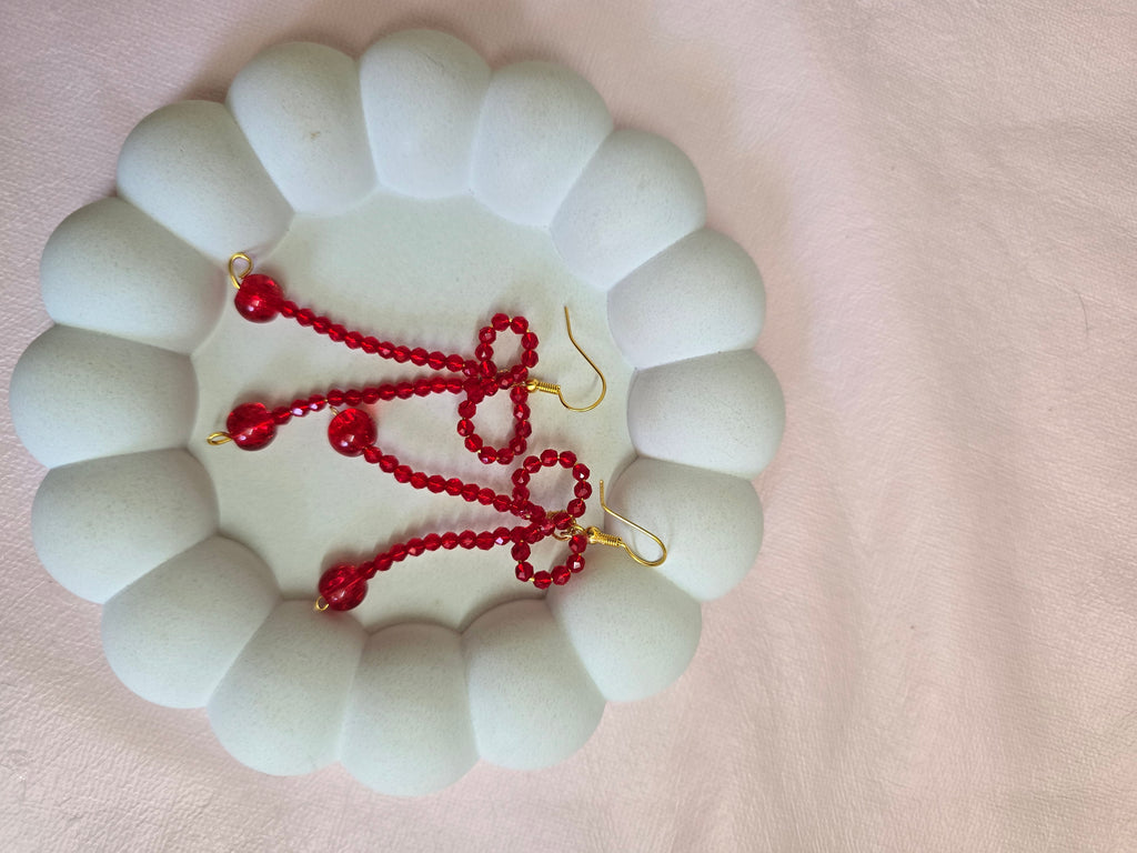 Crimson Coquette Beaded Bow Drop Earrings
