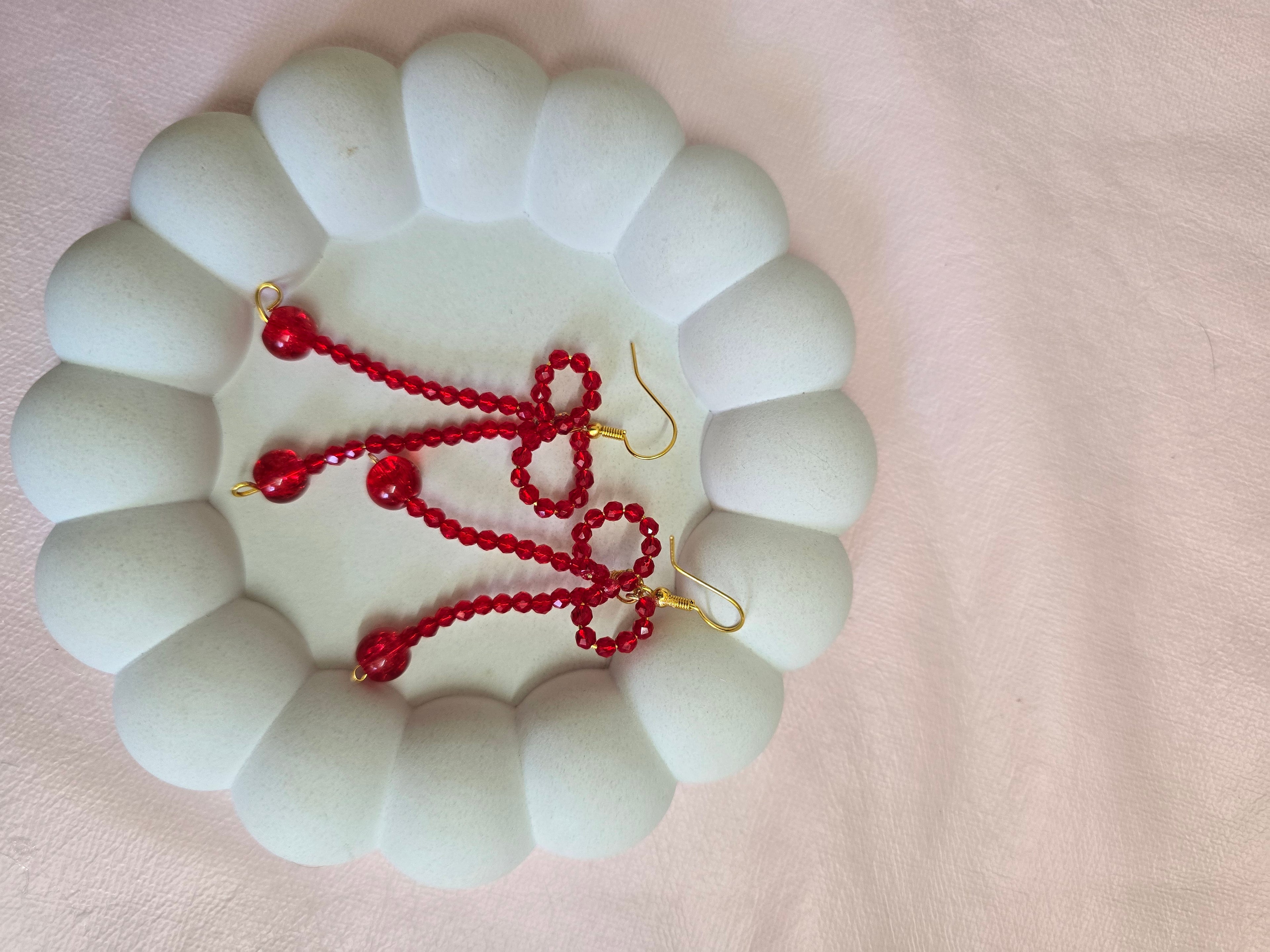 Crimson Coquette Beaded Bow Drop Earrings