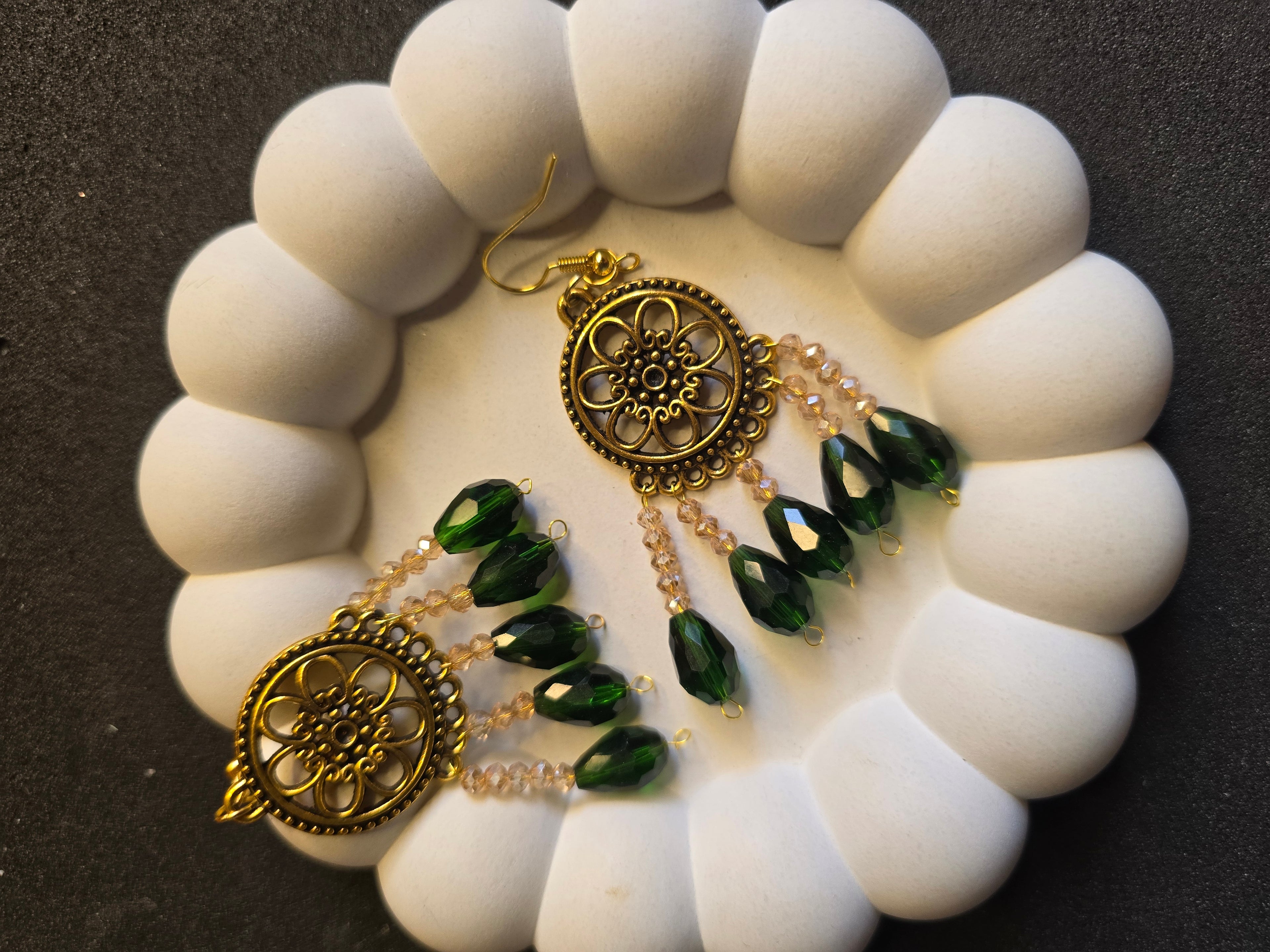 Vintage Gold & Emerald Green Chandelier Earrings